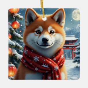 Ornamento De Cerâmica Retrato de Natal Japonês Akita Arte de Inverno