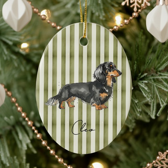 Ornamento De Cerâmica Retrato de Pé Retrato de Mão Aquarela Dachshund (Celebrate the holidays with this timeless, vintage striped pet portrait! )