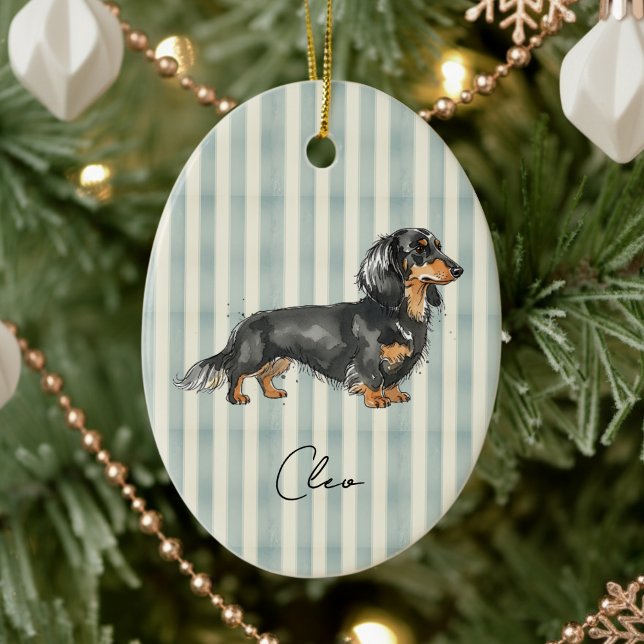 Ornamento De Cerâmica Retrato de Pé Retrato de Mão Aquarela Dachshund (Celebrate the holidays with this timeless, vintage striped pet portrait! )