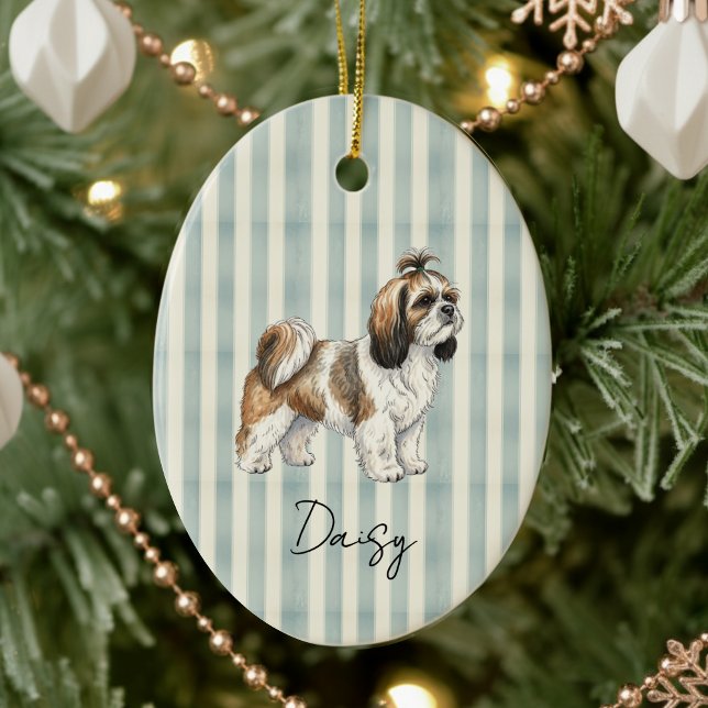 Ornamento De Cerâmica Retrato De Pé Retrato De Mão Shih Tzu (Celebrate the holidays with this timeless, vintage striped pet portrait! )