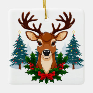 Ornamento De Cerâmica Retrato de Rena de Natal com Grinalda de Azevinho