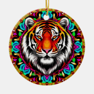 Ornamento De Cerâmica Retrato de Tigre com Desenho de Mandala