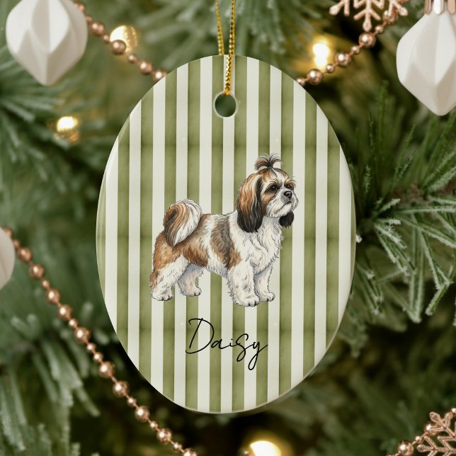 Ornamento De Cerâmica Retrato Retrato Pet Retrato Manuscrito Aquarela Sh (Celebrate the holidays with this timeless, vintage striped pet portrait! )
