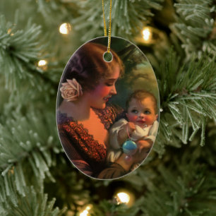 Ornamento De Cerâmica Retrato Vintage do Dia das Mães, Mãe e Bebê