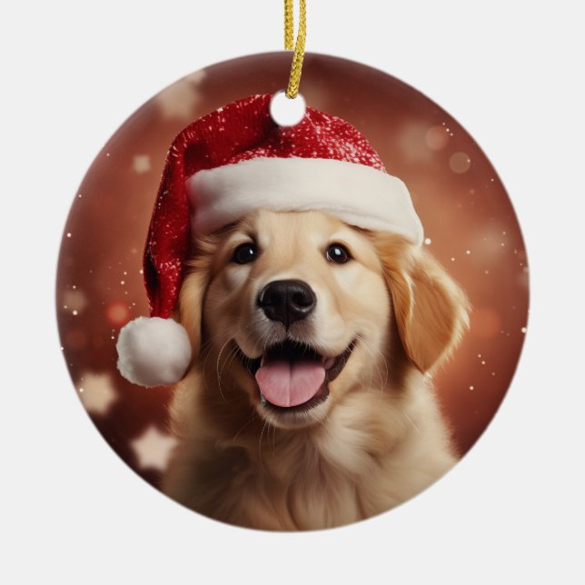 Ornamento De Cerâmica Retriever de ouros em Santa Hat (Frente)