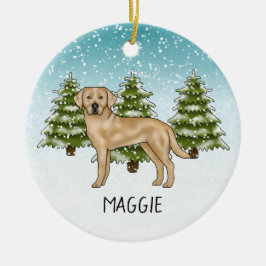 Ornamento De Cerâmica Retriever Labrador Amarelo Azul Inverno Nome Perso