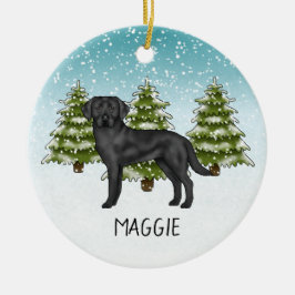 Ornamento De Cerâmica Retriever Labrador Preto Floresta de Inverno Nome 