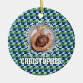 Ornamento De Cerâmica Retro Azul e Verde Geométrico Abstrato Bebê