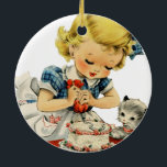 Ornamento De Cerâmica Retro Birthday Girl Cake Cat Artwork<br><div class="desc">A retro birthday card from the 50s with a little girl decorating a cake with her little kitty cat.</div>
