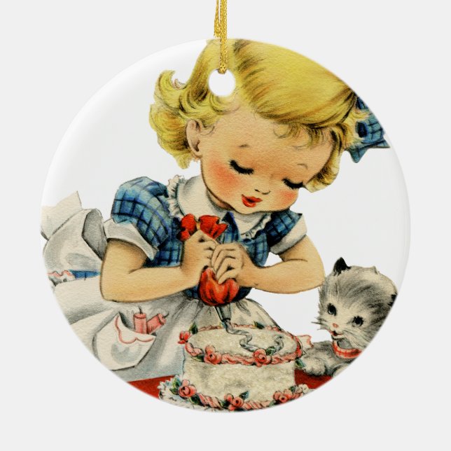 Ornamento De Cerâmica Retro Birthday Girl Cake Cat Artwork (Traseira)