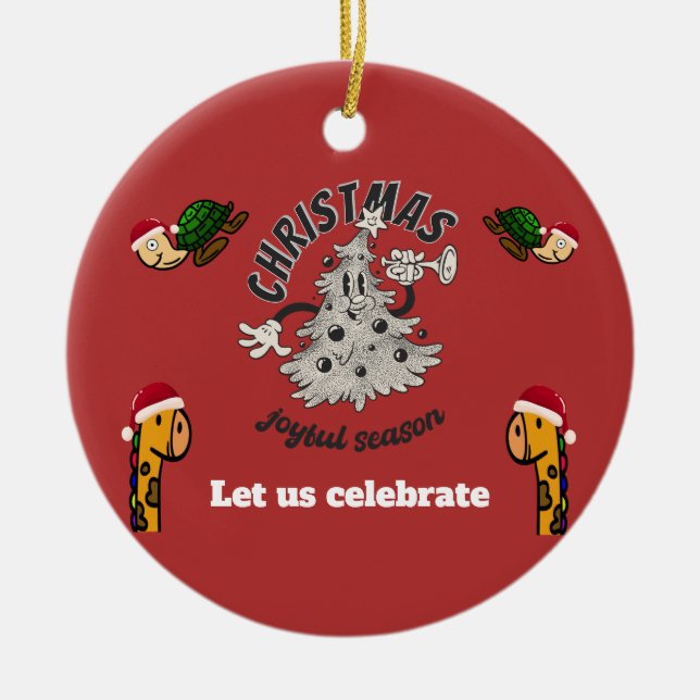 Ornamento De Cerâmica Retro Cartoon Natal Joyful Season (Frente)