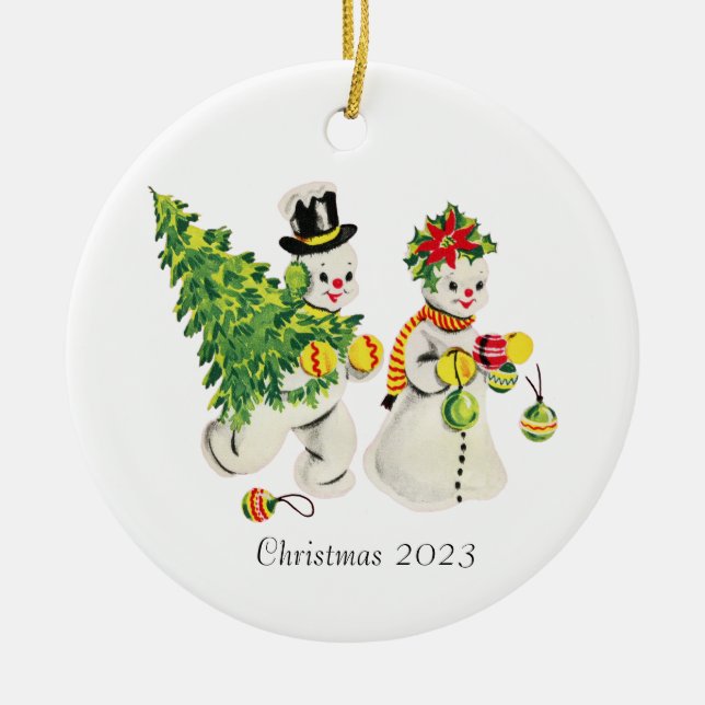Ornamento De Cerâmica Retro Casal de Neve Natal 2023 (Frente)