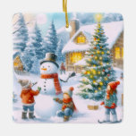 Ornamento De Cerâmica Retro Christmas Snowman<br><div class="desc">Dê um ornamento como presente e sua família e amigos farão algo de você toda vez que entregarem o ornamento na árvore. Este ornamento de keepsasaame apresenta uma imagem gerada por IA aquática da cena de inverno com boneco de neve, árvore de Natal decorada e crianças brincando. Personalize o lado...</div>