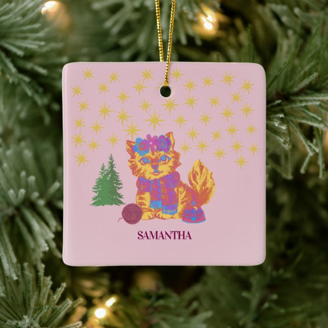 Ornamento De Cerâmica Retro Cute Cat Christmas  (Árvore)