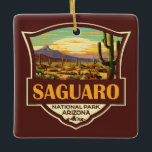 Ornamento De Cerâmica Retro de Ilustração do Parque Nacional do Saguaro<br><div class="desc">Trabalho de arte de vetor Saguaro. O parque é batizado para o grande cactus saguaro,  nativo de seu ambiente deserto.</div>