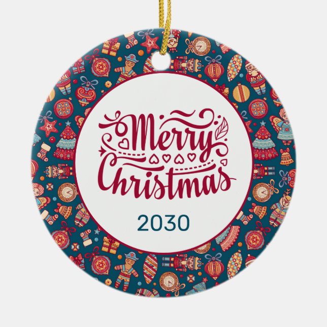 Ornamento De Cerâmica Retro Feliz Natal Personalizado (Frente)