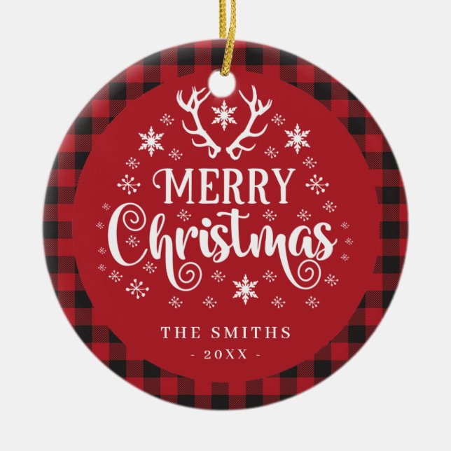 Ornamento De Cerâmica Retro Feliz Natal Vermelho e Branco Personalizado (Frente)