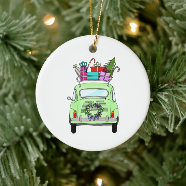 Ornamento De Cerâmica Retro Fiat 500 com presentes de Natal (Árvore)