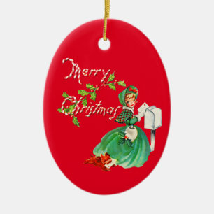 Ornamento De Cerâmica Retro Girl and Dog Old Fashied Christmas