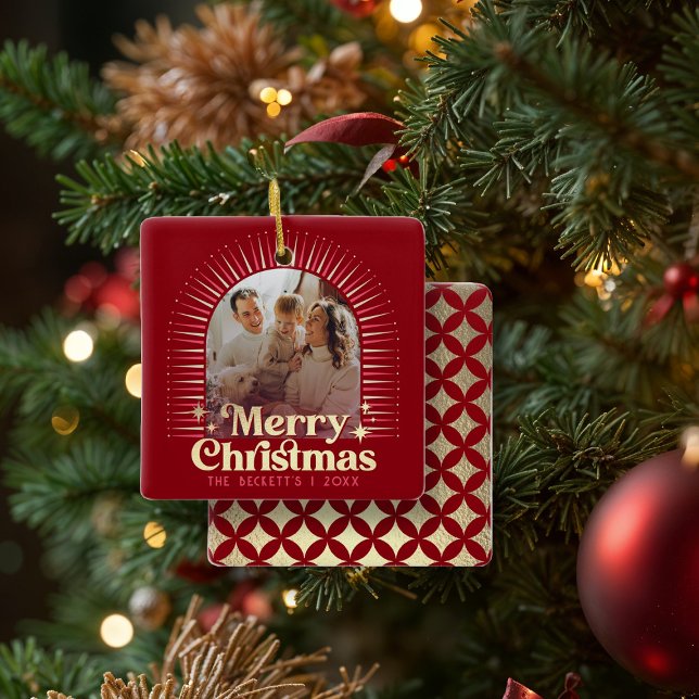 Ornamento De Cerâmica Retro Groovy Feliz Foto da Família de Natal (Criador carregado)