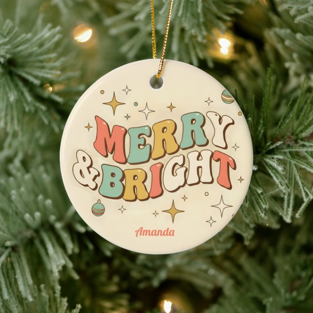 Ornamento De Cerâmica Retro Groovy Merry & Bright Christmas (Árvore)