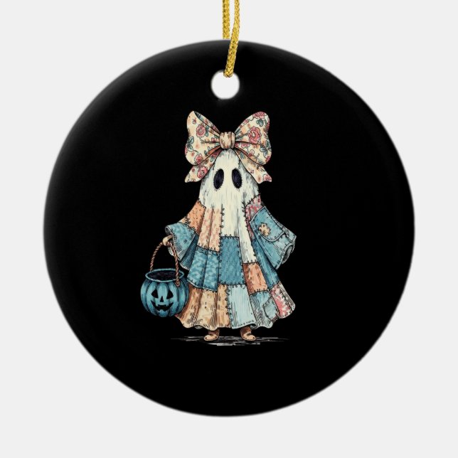 Ornamento De Cerâmica Retro Halloween Blue Denim Ghost (Frente)