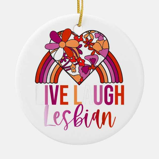 Ornamento De Cerâmica Retro Live Laugh Lésbica Rainbow Floral Heard (Frente)