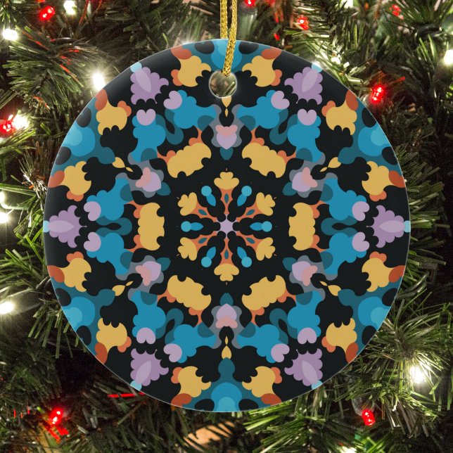Ornamento De Cerâmica Retro Mandala Amarelo Azul e Laranja (Yellow Blue and Orange Retro Mandala Ornament by Wormhole Orbital)
