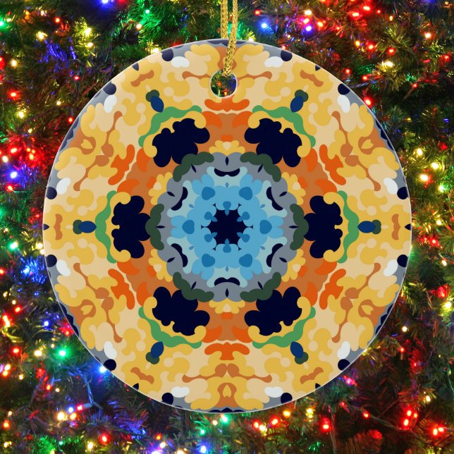 Ornamento De Cerâmica Retro Mandala Amarelo Azul e Laranja (Yellow Blue and Orange Retro Mandala Ornament by Wormhole Orbital)
