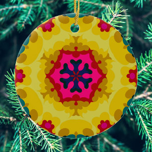 Ornamento De Cerâmica Retro Mandala Amarelo Azul e Rosa