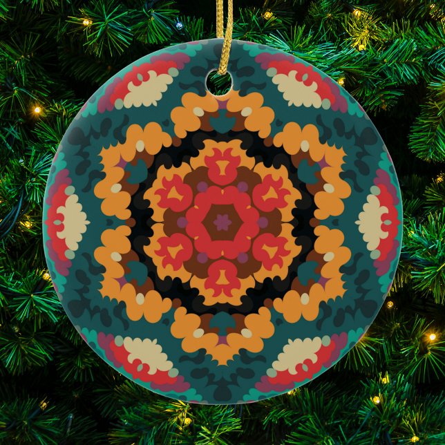 Ornamento De Cerâmica Retro Mandala Blue Orange e Red (Blue Orange and Red Retro Mandala Ornament by Wormhole Orbital)