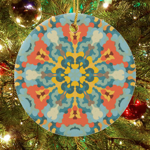 Ornamento De Cerâmica Retro Mandala Blue Orange e Yellow