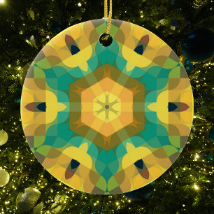 Ornamento De Cerâmica Retro Mandala Flor Amarelo Azul e Verde