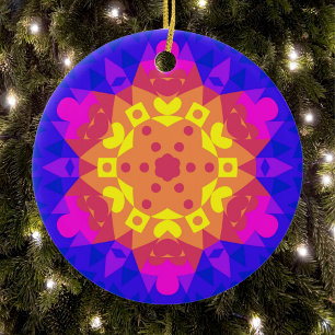 Ornamento De Cerâmica Retro Mandala Flor Amarelo Cor-de-rosa e Azul