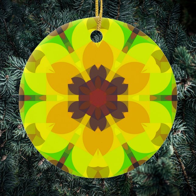 Ornamento De Cerâmica Retro Mandala Flor Amarelo Laranja e Verde (Criador carregado)