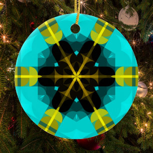 Ornamento De Cerâmica Retro Mandala Flor Azul Amarelo e Preto