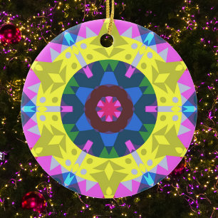 Ornamento De Cerâmica Retro Mandala Flor Azul Amarelo e Rosa