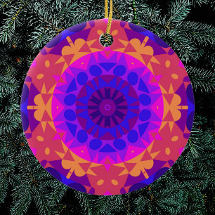 Ornamento De Cerâmica Retro Mandala Flor Azul Cor-de-rosa e Laranja