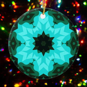 Ornamento De Cerâmica Retro Mandala Flor Azul e Verde