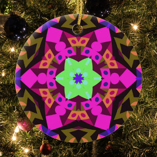 Ornamento De Cerâmica Retro Mandala Flor Cor-de-Rosa Laranja e Verde