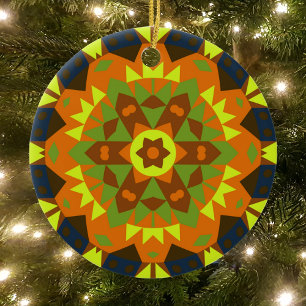 Ornamento De Cerâmica Retro Mandala Flor Laranja Amarelo e Azul