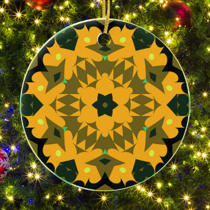 Ornamento De Cerâmica Retro Mandala Flor Laranja Amarelo e Verde