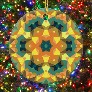 Ornamento De Cerâmica Retro Mandala Flor Laranja Amarelo e Verde