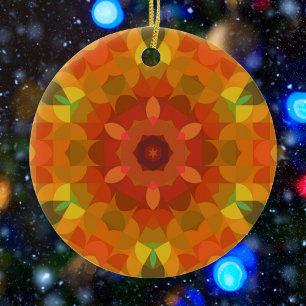 Ornamento De Cerâmica Retro Mandala Flor Laranja Amarelo e Verde