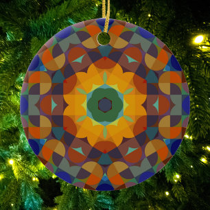 Ornamento De Cerâmica Retro Mandala Flor Laranja Azul e Verde