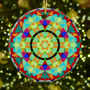 Ornamento De Cerâmica Retro Mandala Flor Laranja Vermelho e Azul