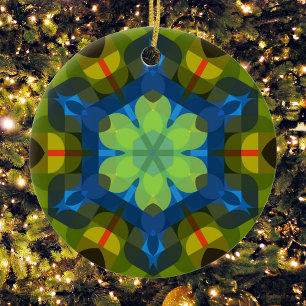 Ornamento De Cerâmica Retro Mandala Flor Verde Azul e Laranja
