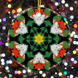 Ornamento De Cerâmica Retro Mandala Flor Verde Laranja e Amarelo