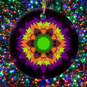 Ornamento De Cerâmica Retro Mandala Flor Verde Laranja e Roxo