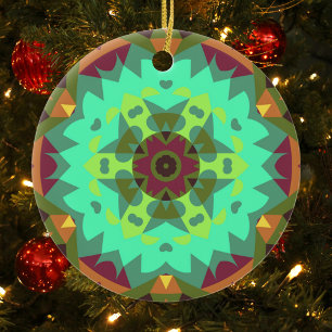 Ornamento De Cerâmica Retro Mandala Flor Verde Roxo e Laranja